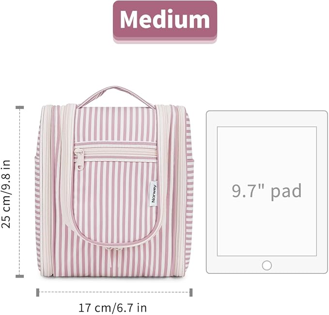 Narwey Small Striped Hanging Travel Toiletry Bag for Women, Travel Bag for Toiletries, Makeup Bag Organizer Cosmetic Bags Make Up Bags for Women (Dusty Rose Stripe)