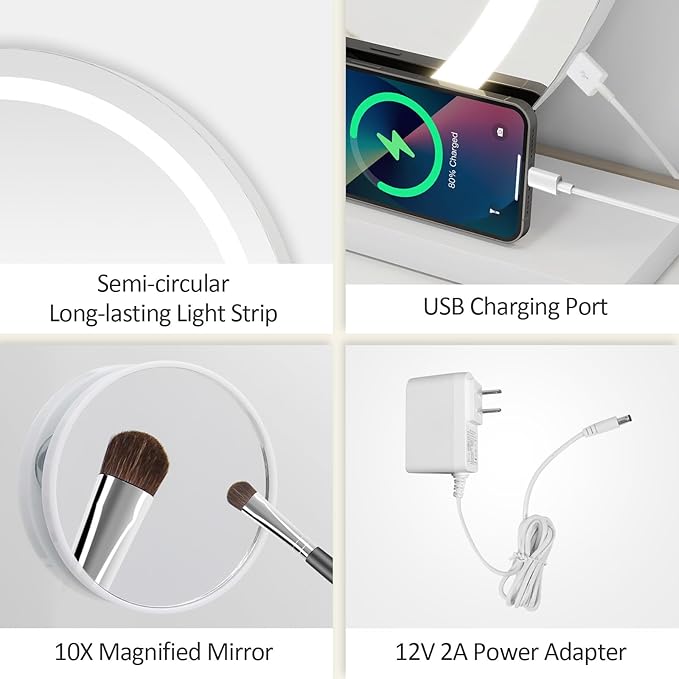 YOURLITE Vanity Mirror with Lights,23"x 24" Modern Mirror with LED Lights, 3 Colors Modes & Adjustable Brightness, Makeup Mirrors Vanity Mirror 10x Spot Mirror, USB Charging Port