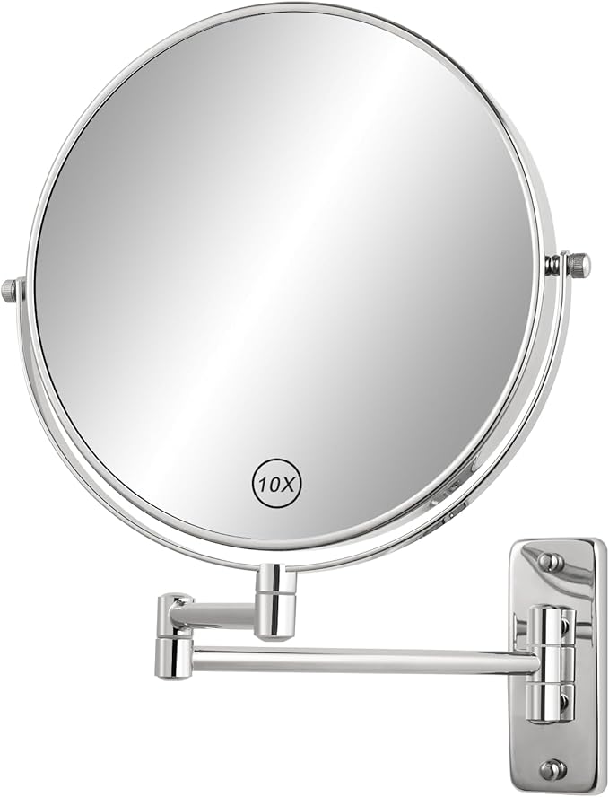 8” Wall Mounted Makeup Mirror - 1X/10X Double Sided Magnifying Bathroom Mirror, 360° Swivel Extendable Vanity Shaving Mirror with Adjustable Arm for Bathroom, Chrome（No Light）