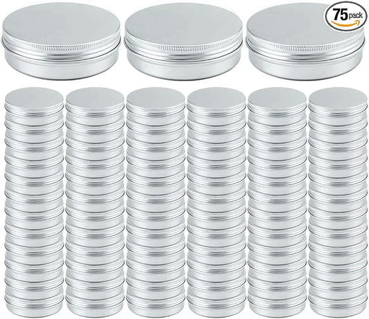 2oz Aluminum Empty Storage Screw-top Tin Jars with Lids, 75PCS Round Candle Cans, Refillable Cosmetic Containers for Lip Balm, Shea Butter, Salves, Silver