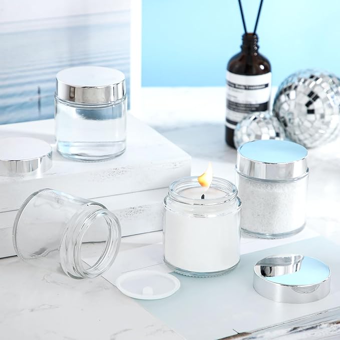 Norme 24 Pcs 4 oz Glass Jars with Lids Leakproof Round Airtight Empty Cosmetic Jars with Inner Liners Lid for Storing Lotions Powder Ointments Candle Making Tins (Silver,Clear)