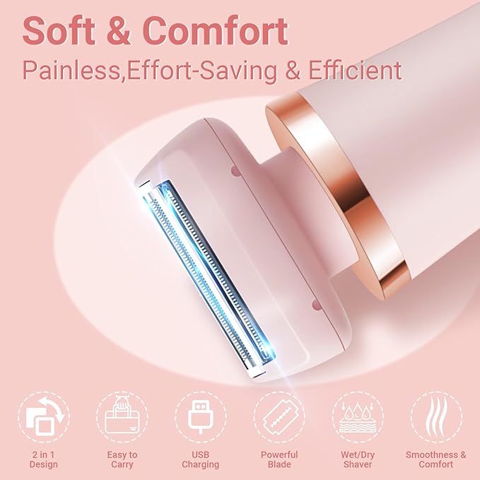 Bikini Trimmer for Women & Men - 2 in 1Replaceable Painless Electric Razor for Body & Face,Wireless Portable Trimmer for Women Wet & Dry Electric Shaver,IPX7 Waterproof,USB Rechargeable