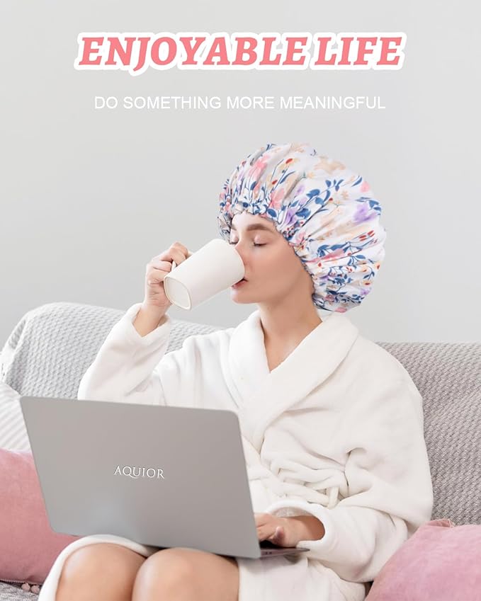 Aquior Shower Caps, Double Layer Waterproof Shower Cap for Women, Reusable Large Shower Cap for all Hair Lengths with EVA Lining, Soft Bath Shower Caps