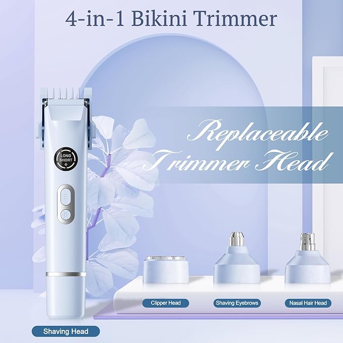 Dermave Bikini Shaver, 4-in-1 Bikini Trimmer for Women, Electric Razors with Dual Heads, Cordless Body Hair Trimmer, Rechargeable Pubic Hair Trimmer for Legs Body Facial Hair, Ceramic Blade