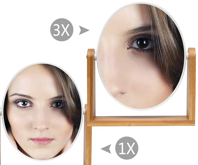 YEAKE Vanity Makeup Mirror with Natural Bamboo Stand, 8 Inch Double Sided 3X Magnification Swivel Mirror for Bathroom & Desk
