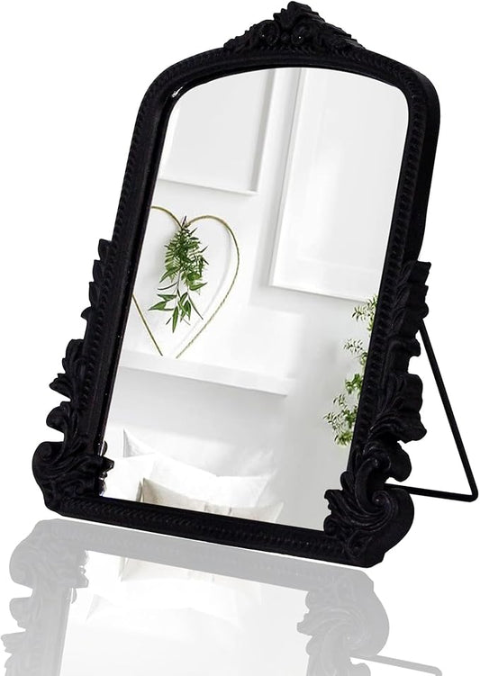 Black Vintage Arched Vanity Mirror, Baroque Tabletop Makeup Mirror, Decorative Antique Mirror for Dresser, Bedroom, Living Room, 11.8" x 9.6"