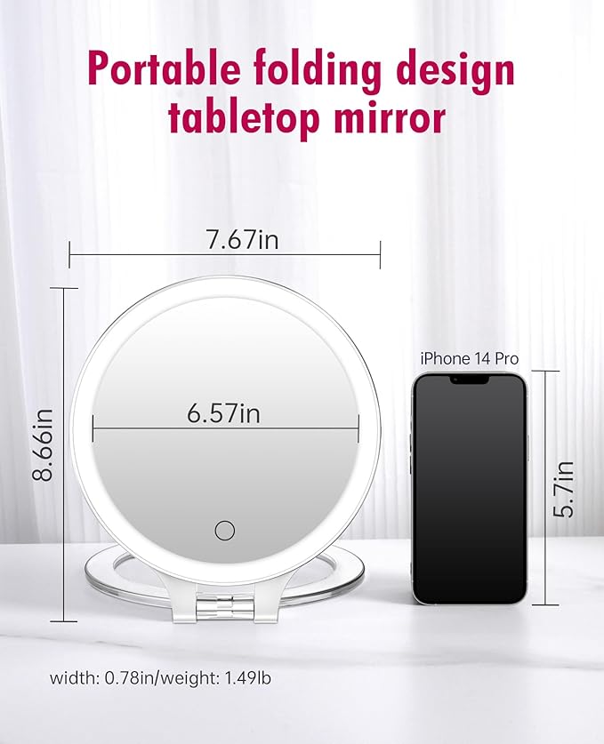 FASCINATE Magnifying Mirror 10X 1X Double Sided Magnification Makeup Vanity Mirror Rechargeable Lighted Mirror with 3 Color Lighting Modes Adjustable Rotation LED Vanity Mirror