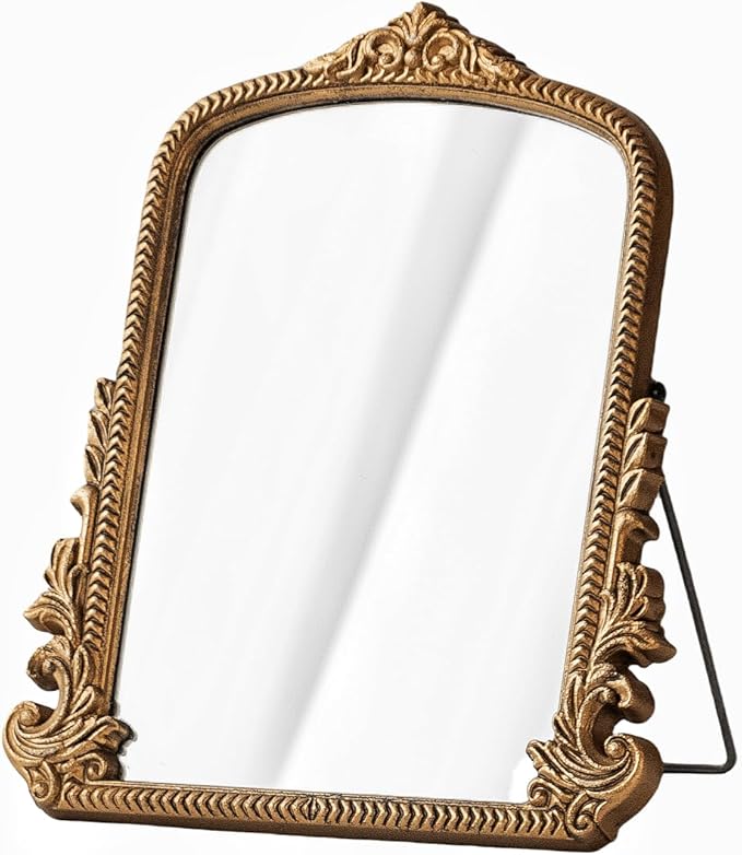 Small Gold Vintage Vanity Mirror, Antique Gold Wooden Framed Standing Tabletop Mirror, Traditional Chic Arch Makeup Mirror for Living Room, Bedroom, Bathroom, or Office Decor, 11.8" x 9.6"