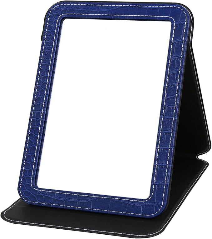 Blue Foldable Desk Mirror, 5.3×6.9” Adjustable Angle Rounded Rectangle PU Edge Covering Travel Mirror with Stand (MBlue)