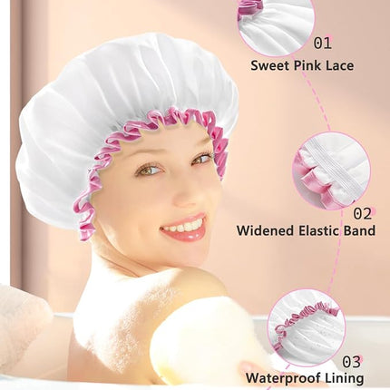 mikimini White Shower Cap Pack of 2 Waterproof Reusable Double Layers Bathing Hair Caps with Soft Comfortable PEVA Lining, Cute, Non-fading & Stretchy Shower Hat Medium White
