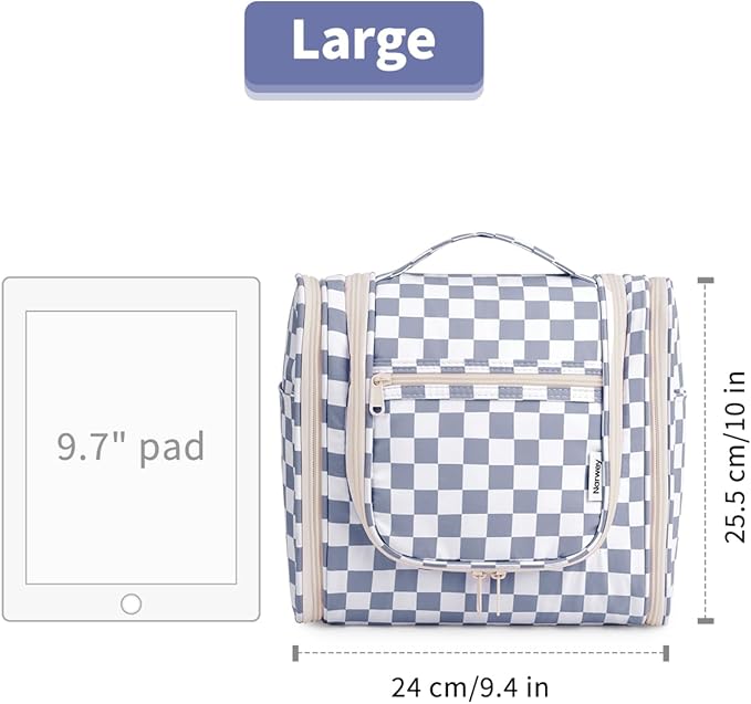Narwey Checked Hanging Travel Toiletry Bag for Women, Travel Bag for Toiletries, Makeup Bag Organizer Cosmetic Bags Make Up Bags for Women (Grayish Blue Checkerboard)