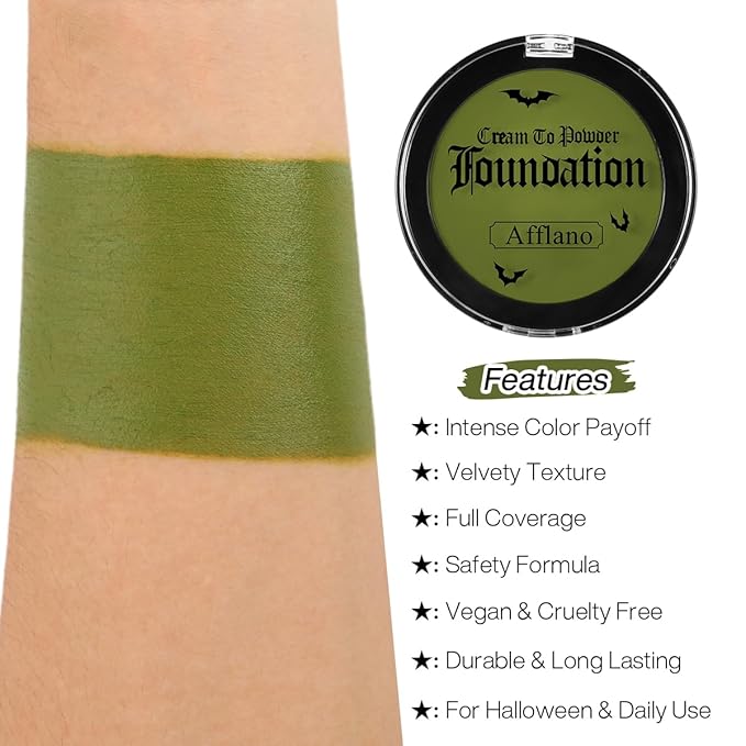 Ogre Green Face Body Paint, Witch Green Full-Coverage Cream to Powder Foundation Makeup, Non-Toxic Face Painting for Hulk Hunting, Frankenstein,Wicked Ogre,Halloween SFX Makeup, Cosplay,Theater,Stage