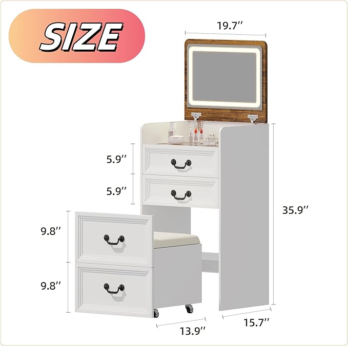 Makeup Vanity, 3-in-1 Vanity with Flip-Top Mirror, Visible Glass Desktop & 3-Color Lighting, 20'' Intelligent Makeup Desk with USB Charging Station & Hidden Storage Stool for Bedroom, White