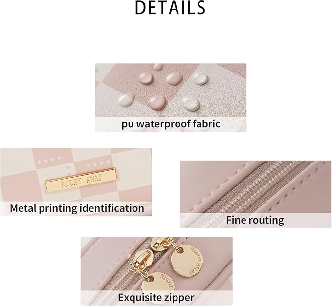 RIGHT AWAY Checkered Makeup Bag for Purse,Small Cosmetic Bag Organizer for Women, Travel Make Up Pouch Waterproof Toiletry Bag Cute Makeup Case for Travel Accessories(Pink Checkerboard)