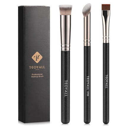 TEOYALL Concealer Brush Set, Flat Top Blush Brush, Angled Nose Contour Brush Ultra-Thin Eyeliner Eyebrow Brush for Flawless Finish (370S/Flat Top/Thin Flat)