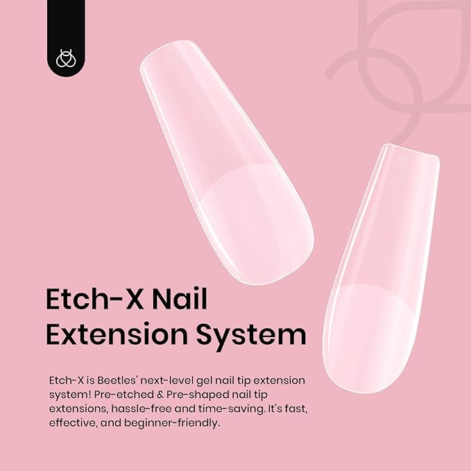 Beetles Coffin Long Gel Nail Tips –Pre-Etched Half Matte Full Cover, 288 Pieces, Pre-Shaped in 12 Sizes for Press-On Extensions