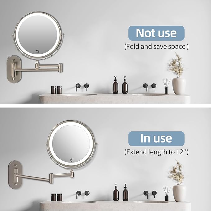 Rechargeable Wall Mounted Lighted Makeup Vanity Mirror 8 inch 1X/10X Magnifying Mirror with 3 Color Lights, Double Sided Bathroom Mirror with Dimmable LED Lights, Shaving Light up Brush Nickel