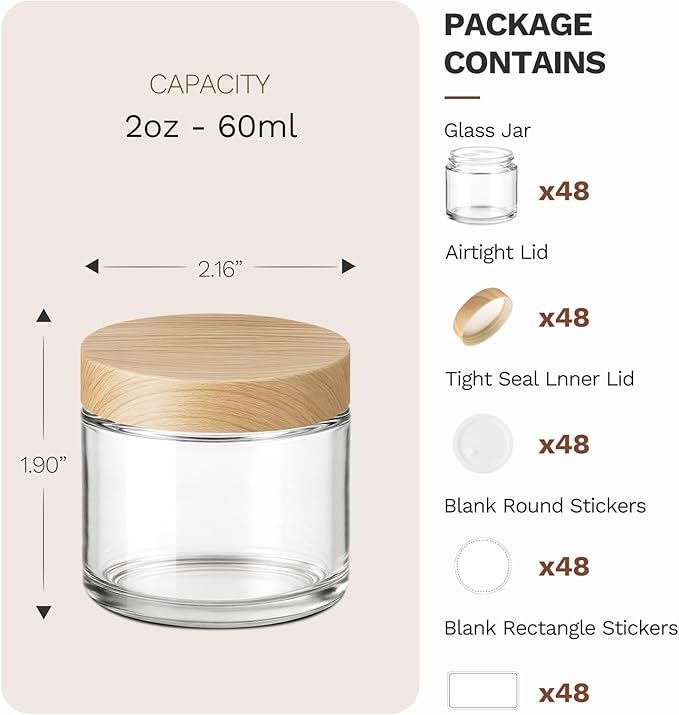 2 oz Glass Jars with Plastic Woodgrain Lids, Bumobum 48 pack Round Clear Cream Jars with Black and White Labels & Inner Liners, Empty Cosmetic Containers for Cream, Lotion, Ointment