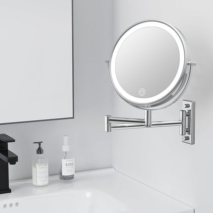 1X/20X Wall Mounted Makeup Mirror with Lights, 8" Double Sided Bathroom Magnifying Mirror with 360° Extension Arm, Dimmable, Rechargeable, Touch Control, Chrome