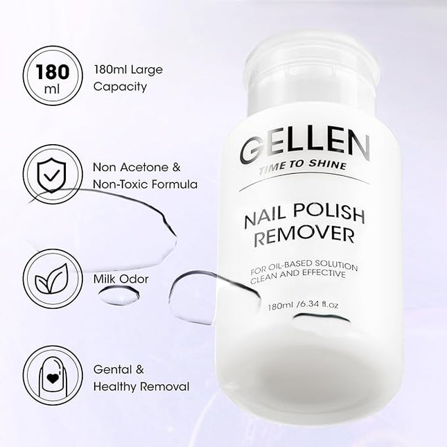 Gellen Nail Polish Remover Milk Scent, Acetone Free Nail Polish Remover for Quick Dry Nail Polishes, Gentle Fingernail Polish Remover, Ultra-Powerful Pump Design, 6.09 Fl Oz