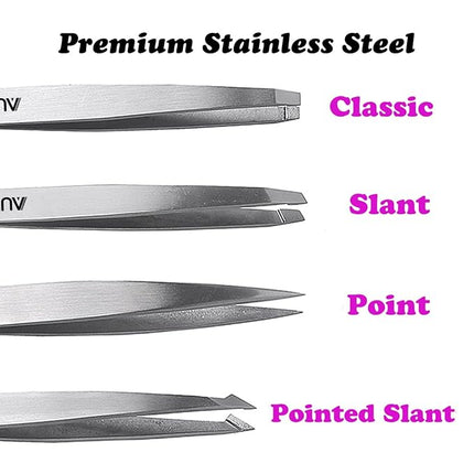 Tweezers Set 4-Piece Professional Stainless Steel Tweezers Gift with Travel Case by Aumelo - Best Precision Eyebrow and Splinter Ingrown Hair Removal Tweezer Tip,No Colored & Chemical Free