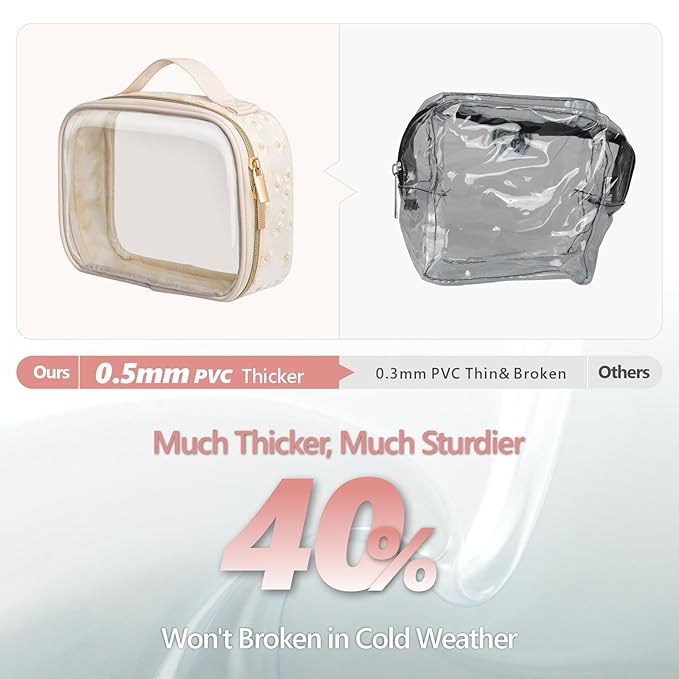 PACKISM Floral Texture TSA Approved Toiletry Bag - 180° Large Opening Clear Makeup Bags with Handle, Easily Access, Quart Size Travel Bag TSA Approved, Thick Non-deformable No Smell, Beige