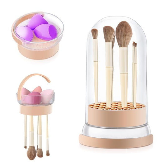 Makeup Brush Cleaner Bowl, 3 in 1 Makeup Brush Cleaner Mat and Dryer, Waterproof Makeup Brush and Sponge Cleaner with Lid (Khaki)