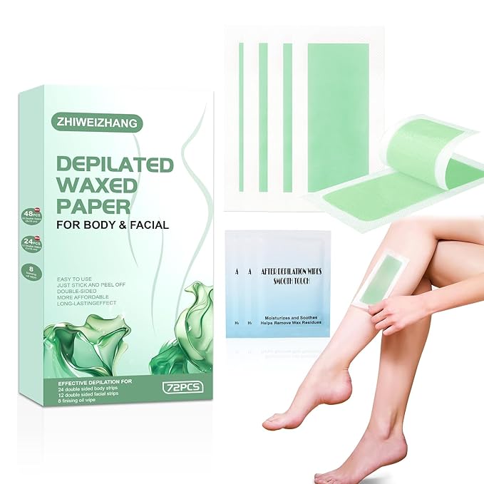 72pcs Wax Strips - Body Waxing Strips, Wax Kit for Women & Men - Brazilian Wax Kit, Back Waxing Kit, All Skin Types, Face, Arms, Legs, Armpits, Bikini, Hypoallergenic Odourless, Green
