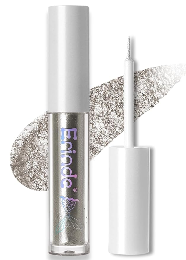 Erinde Liquid Glitter Eyeshadow Eyeliner, Metallic Shimmer Glitter Eyeshadow Liner, High Pigment Colored Eyeliner, Waterproof Long Lasting Sparkle Eye Makeup for Women, Star Silver