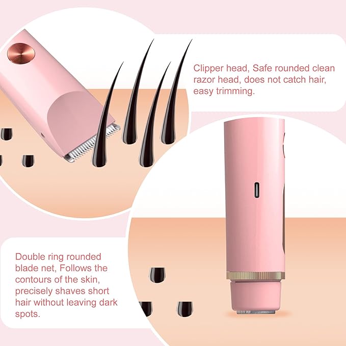 Bikini Trimmer for Women, Electric Razors for Women, Shaver With LCD Display, 2 in 1 Dual-Head Bikini Shaver, Rechargeable Razors, for Bikini Line Legs Underarms and Private Parts,Dry/Wet(Pink)