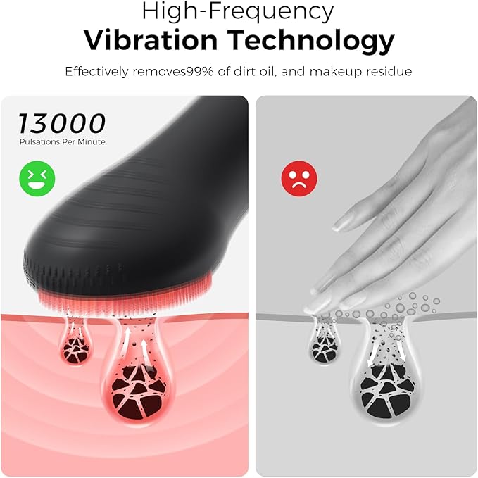 Facial Cleansing Brush Face Scrubber - Rechargeable Electric Face Cleansing Brush with 4 LED Gentle Light Liquid Silicone Modes Exfoliator,IPX7 Waterproof Ideal Gift for Men and Women-Black