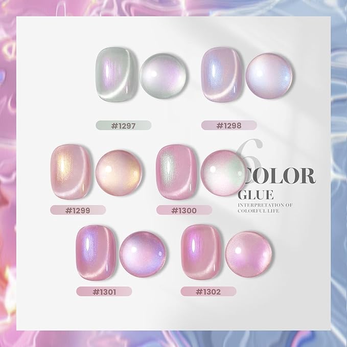 RARJSM Ceramic Moonlight Cat Eye Gel Nail Polish Set 6pcs Velvet Silver Shimmer Nude Pink Light Purple White Blue Glitter Sparkle Bright Pearl Shell Effect with Magnet Stick Curing Requires Home Salon