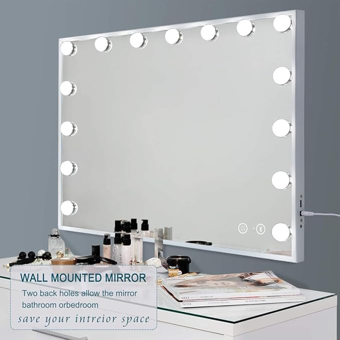 Fenair Vanity Mirror with Lights and Speaker Hollywood Speaker Support Answer Call, Touch Screen, 3 Color Modes Tabletop 15 Dimmable Bulbs