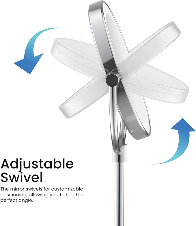 KIBI Circular LED Free Standing Magnifying Makeup Mirror | 360-Degree Swivel Shaving Mirror with Adjustable Brightness | Dual-Sided Vanity Mirror with 5X Magnification (Chrome Finish, KMM104)