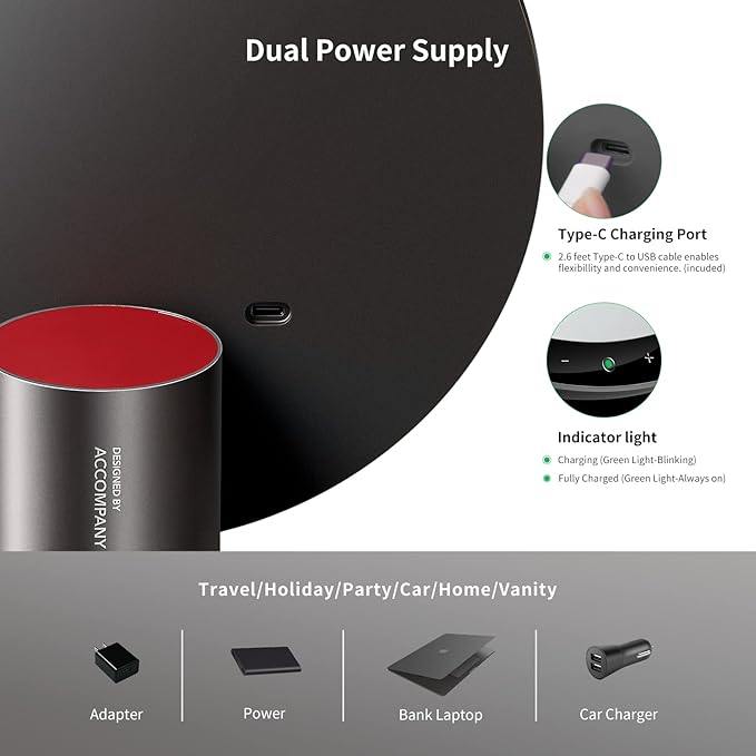 AMIRO 9" Lighted Makeup Mirror with Smart Sensor & Touch-Control, 3 Colors & 6 Brightness, Rechargeable & Cordless, Memory Function, Free Rotation-Black