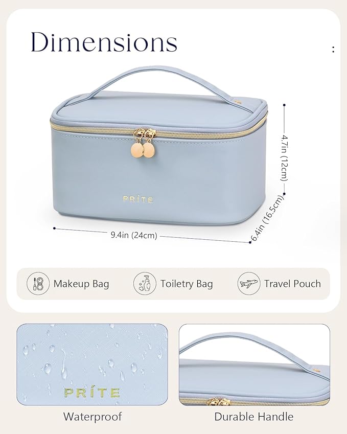 Prite Makeup Bag Portable Cosmetic Organizer with Brush Holder Waterproof Travel Toiletry Bag for Women with Handle and Divider (Blue)