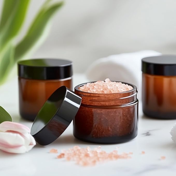 20 Pack 2 oz Small Amber Plastic Jars with Lids and Labels, Refillable Round Brown Mini Cosmetic Containers, Reusable Airtight Jars for Lotion Cream Body Butter Ointment Travel Storage