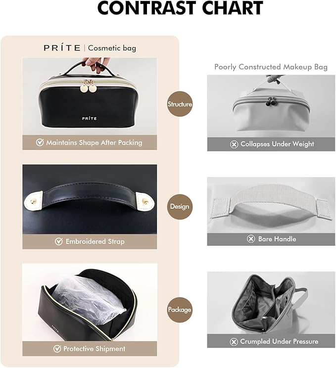 Prite Makeup Bag for Women Travel Waterproof Vegan Leather Cosmetic Bag Open Flat Toiletry Bag With Clear Divider and Handle (Black)