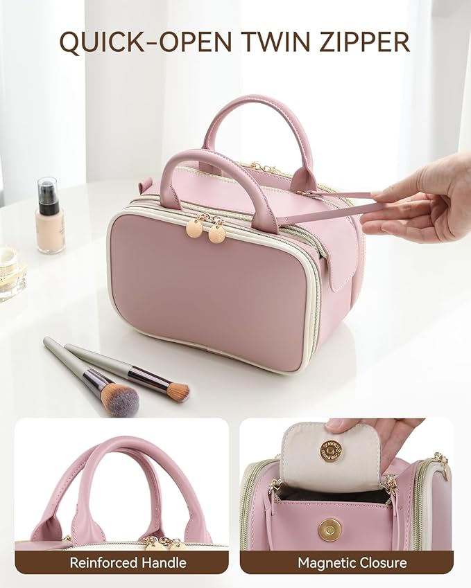 Prite Makeup Bag for Women, Large Capacity Waterproof Travel Cosmetic Organizer, Portable Open Flat Toiletry Bag with Free-standing Brush Holder and Handle(Pink Large)