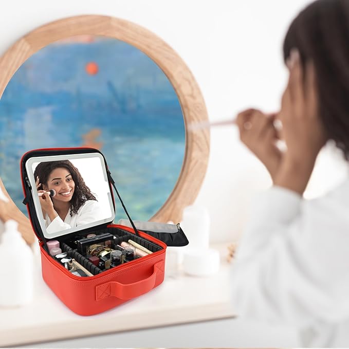 Travel Makeup Bag with LED Mirror Travel Makeup Organizer with 3 Lighted Settings, Adjustable Dividers and Makeup Brush Storage Bag Red