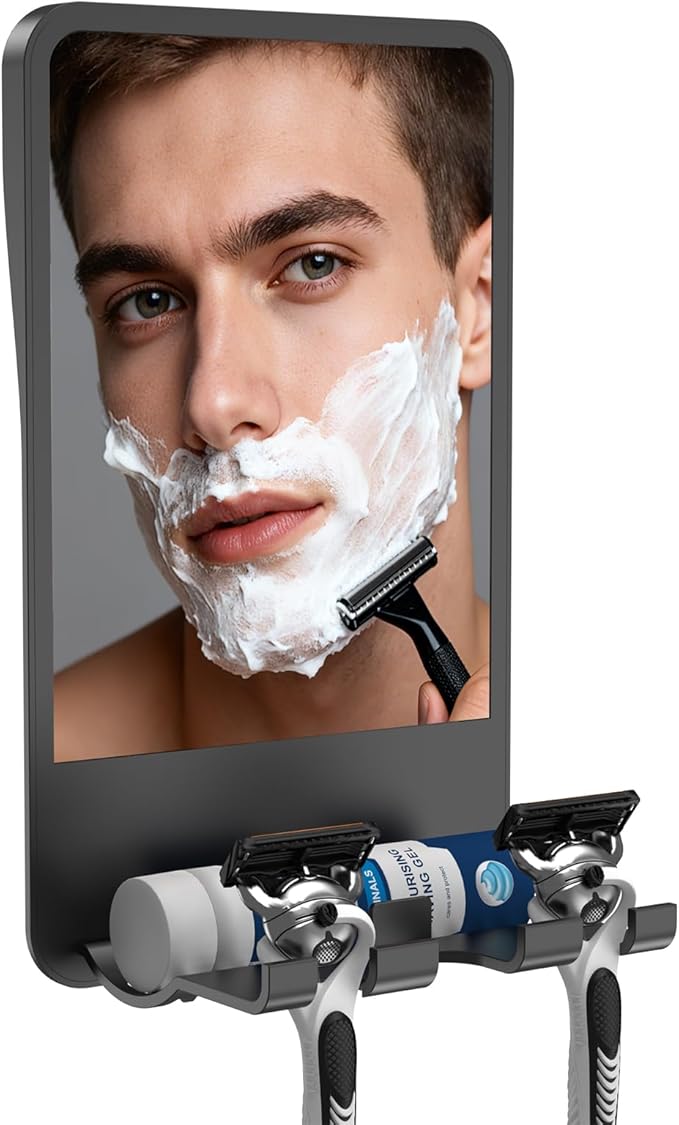 Shower Mirror for Shaving Fogless with Multifunctional Storage for Razor and Shaving Foam Canister,Adjustable Angle Mirror (Black)