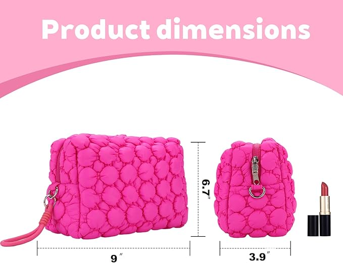 Quilted Ruffle Makeup Bag, Travel Toiletry Organizer for Women with Wrist Strap, Cute Aesthetic Cosmetic Bag for Daily, Work, Ideal Gift (HOT PINK)