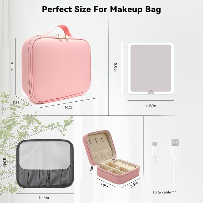 Travel Makeup Bag with LED Mirror with 3 Lighted Settings, Adjustable Dividers, Makeup Brush Storage Bag and Jewelry Case Pink