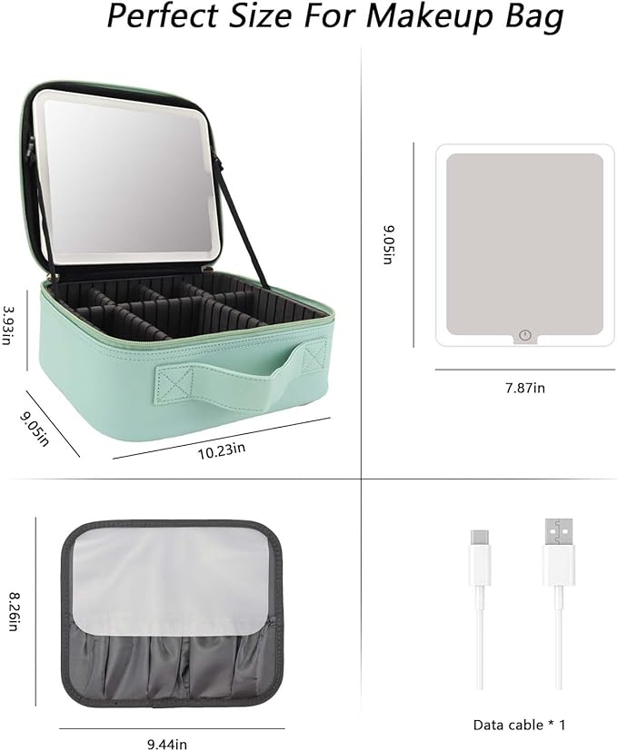 Travel Makeup Bag with LED Mirror Travel Makeup Organizer with 3 Lighted Settings, Adjustable Dividers and Makeup Brush Storage Bag Light Green