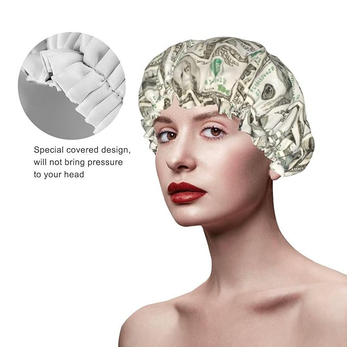 100 Dollar Money Shower Cap For Women Reusable Waterproof Double Layers Bath Cap Hair Protection Elastic Ladies Spa Salon Shower Hat