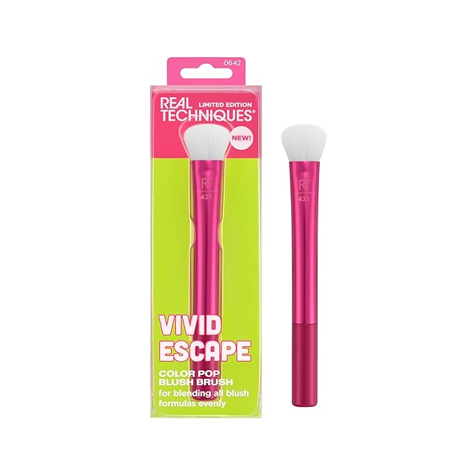 Real Techniques Vivid Escape Color Pop Blush Brush, Multipurpose Makeup Brush For Easy Blending, Use With Liquid & Cream Blush, Synthetic, Soft Bristles, Cruelty-Free & Vegan, 1 Count