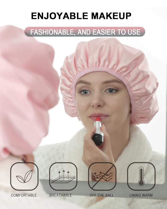 YIZIJIZI Terry Lined Shower Cap,Triple Layer Large Cap for Women,Shower Cap Reusable Waterproof,Long Thick Hair(Pink)