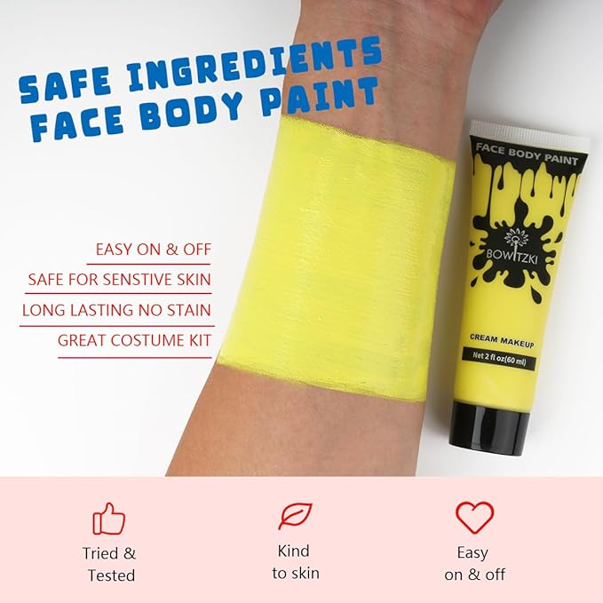 Bowitzki Face and Body Paint 2oz Cream Makeup 60ml Water Based Face Painting Special Effects For Adults Children Kids Halloween Christmas Party Stage Cosplay (Yellow)