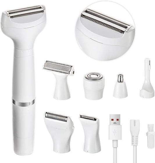 7-in-1 Electric Razor for Women - Painless Facial Hair Removal & Bikini Trimmer, Nose Eyebrow Pubic Hair Shaver with Replaceable Razors, Waterproof Women's Grooming Kit & Electric Shaver