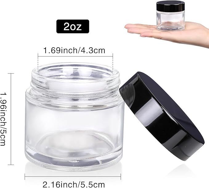 3 Pack Clear Small Glass Cosmetic Jars with Lids - 60 ml Empty Glass Makeup Containers for Sample, Cream, Lotion, Powder (2 OZ)